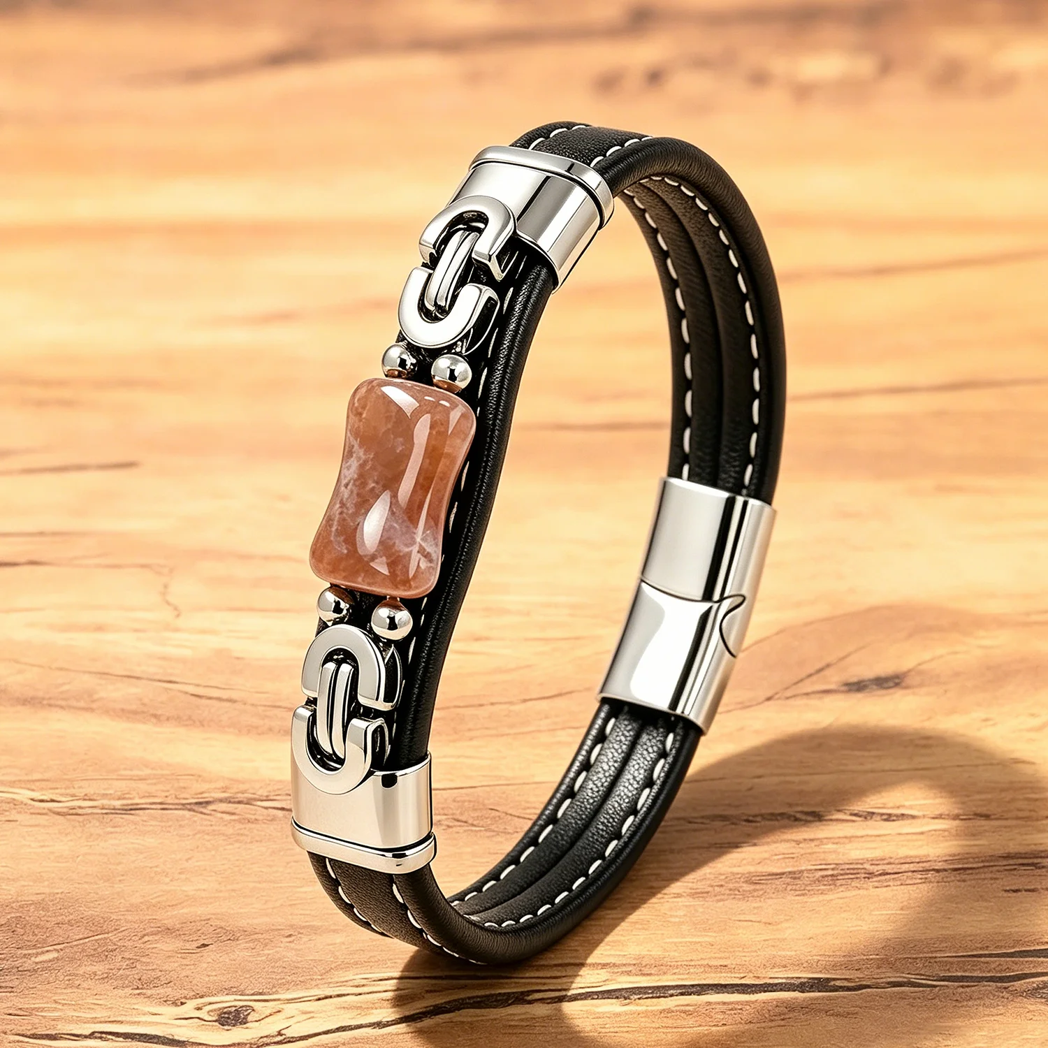 Vintage Punk-Rock Lederarmband für Männer, 8 Stile mit Natursteinperlen, Biker Casual Alltagsschmuck für Männer – Detail 9