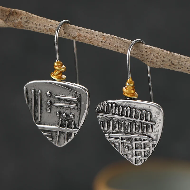 Triangular Vintage Texture Dangle Earrings For Women Ethnic Style Silver Plated Earrings Street Styling Fashion Jewelry