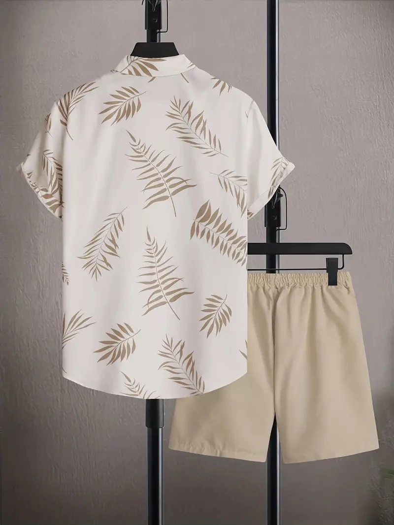 2-pack, men's short-sleeved button-down shirt with a lapel and printed pattern, paired with drawstring pants, for trendy, casual