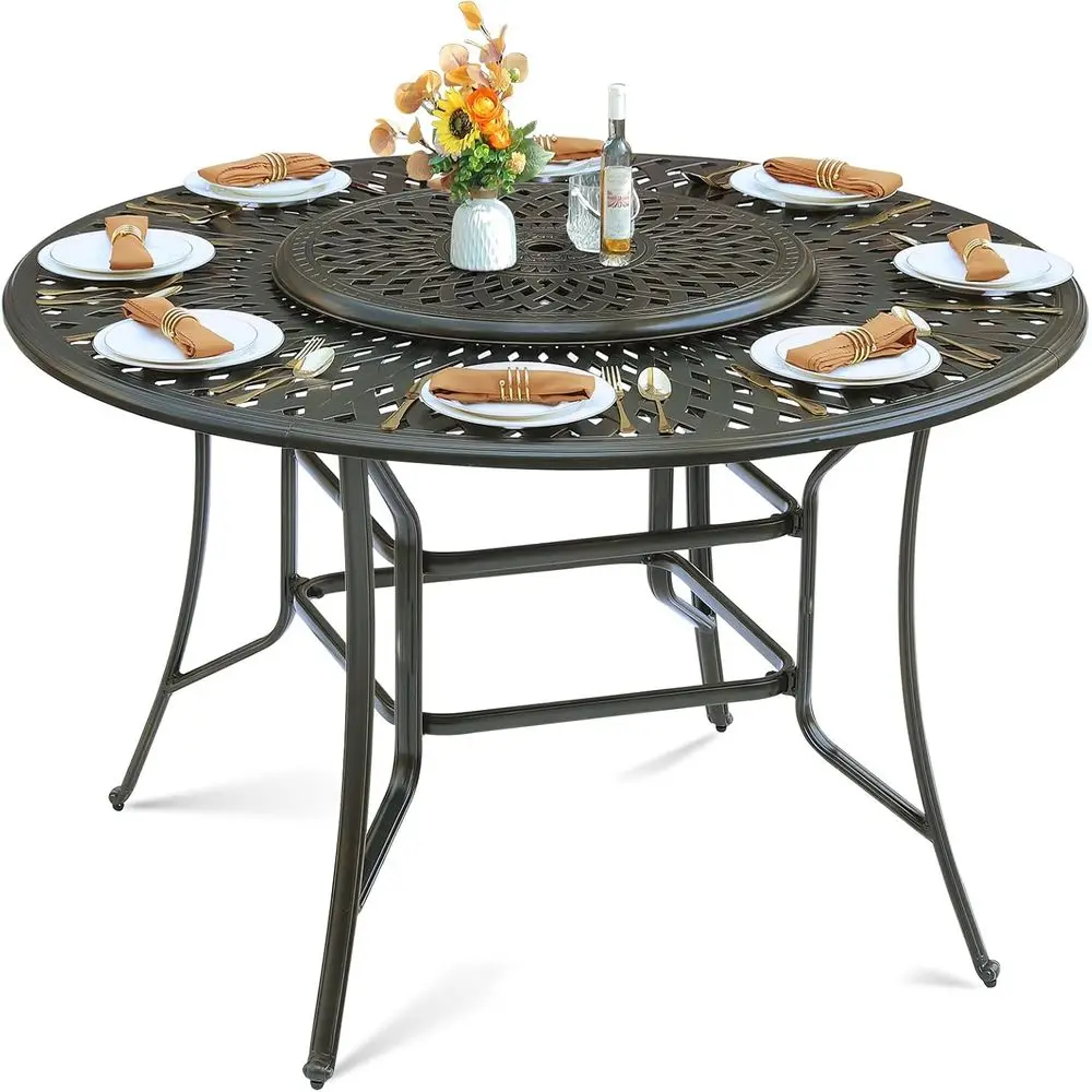 

61" Outdoor High Bar Dining Table or 8 Person, All Weather Cast Large Round High Top Dining Table with 31" Lazy Susan, Patio Bar