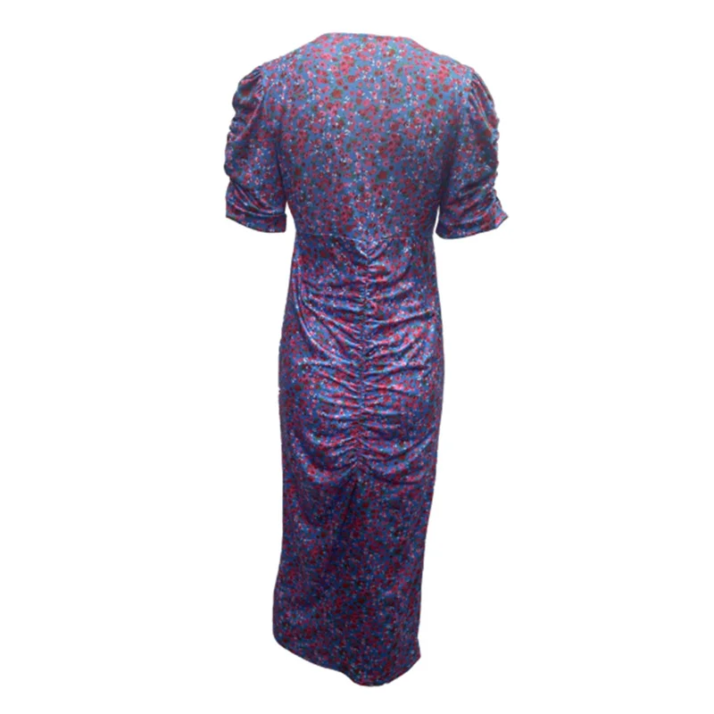 Women Bubble Short Sleeve Dresses Deep V Neck Pullover Dress Split Hem Pleated Gown Female Sweet Style Small Flower Print Frock