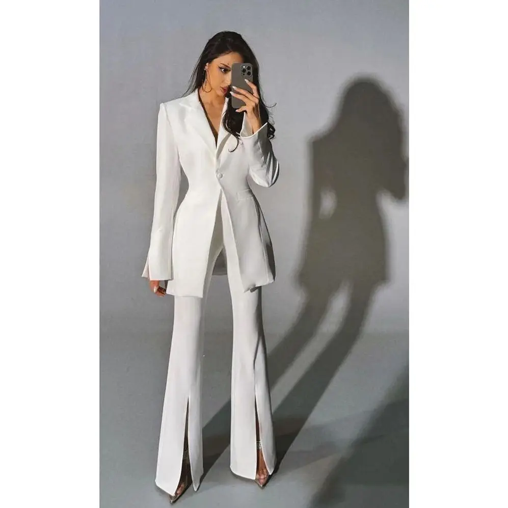 Elegant Chic White Single Button Women Pants Set New Female Two Pieces(Blazer+Trousers) conjuntos femininos elegantes