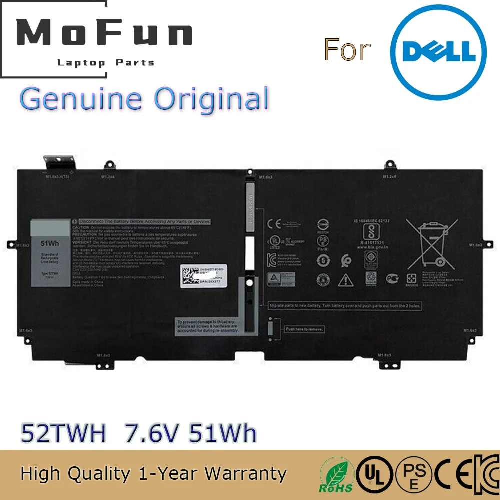 Brand New Original 52TWH 7.6V 51Wh Laptop Battery for Dell XPS 13 7390 2-in-1 Series P103G P103G002 P103G001 052TWH 0XX3T7