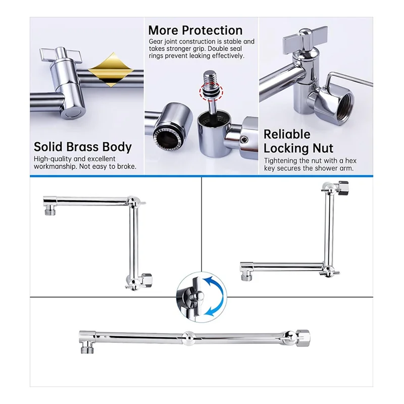 HHTL Shower Head Extension Arm, Adjustable Extender With Lock Joint, Rise Or Lower Rainfall And Fixed Shower Head