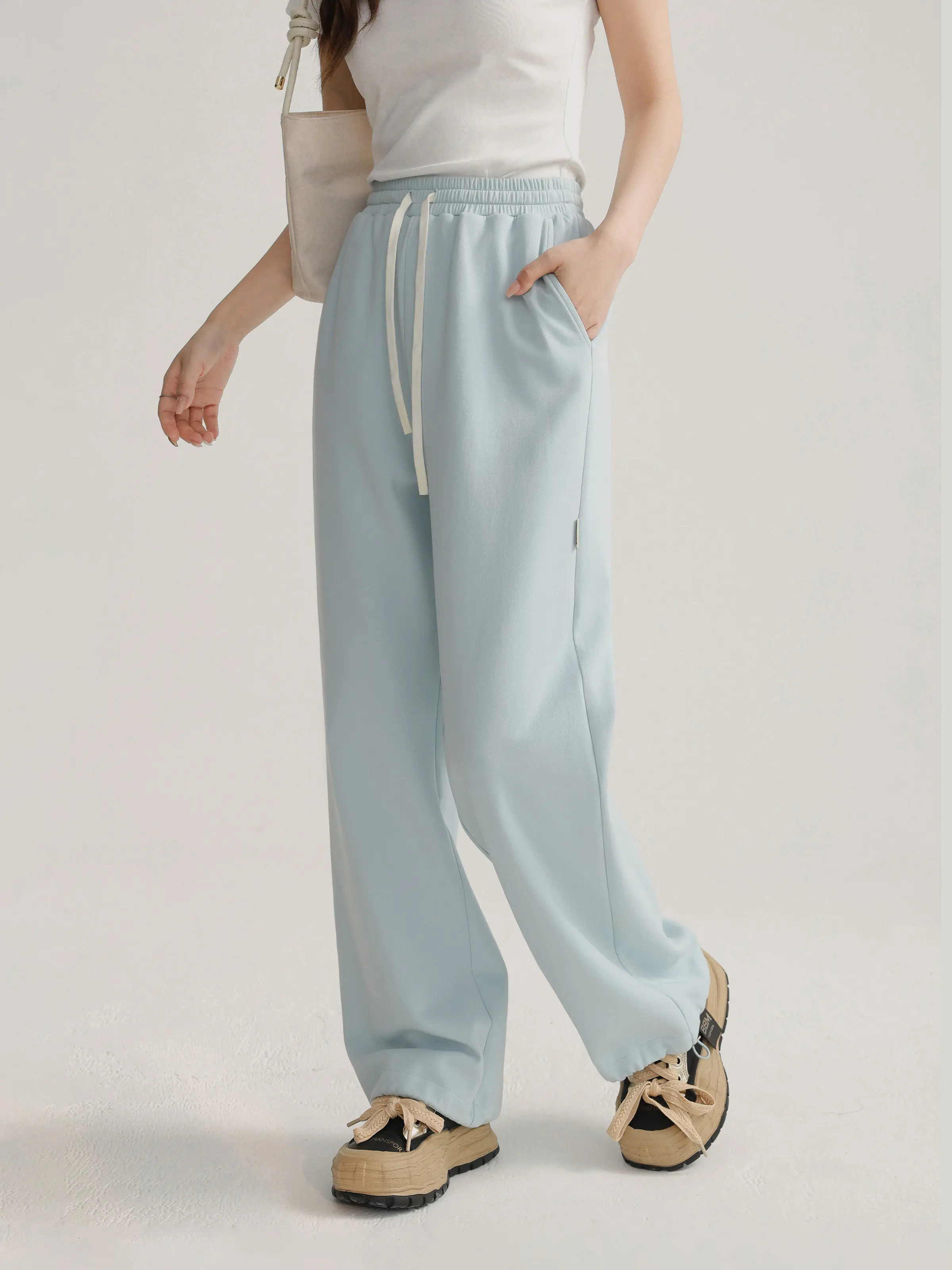 Lightweight Elastic Waist Straight Pants for Women Casual High Rise Drawstring Trousers Relaxed Slim Look Spring Lady Daily Wear