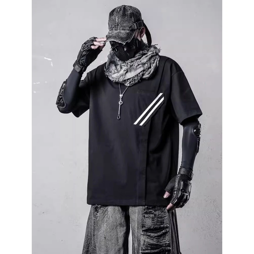 Hip Hop Tactical T-Shirt for Men 2025 Summer Irregular Patchwork Cotton Tshirts Hip Hop Streetwear Mens Loose Tops Tees Black