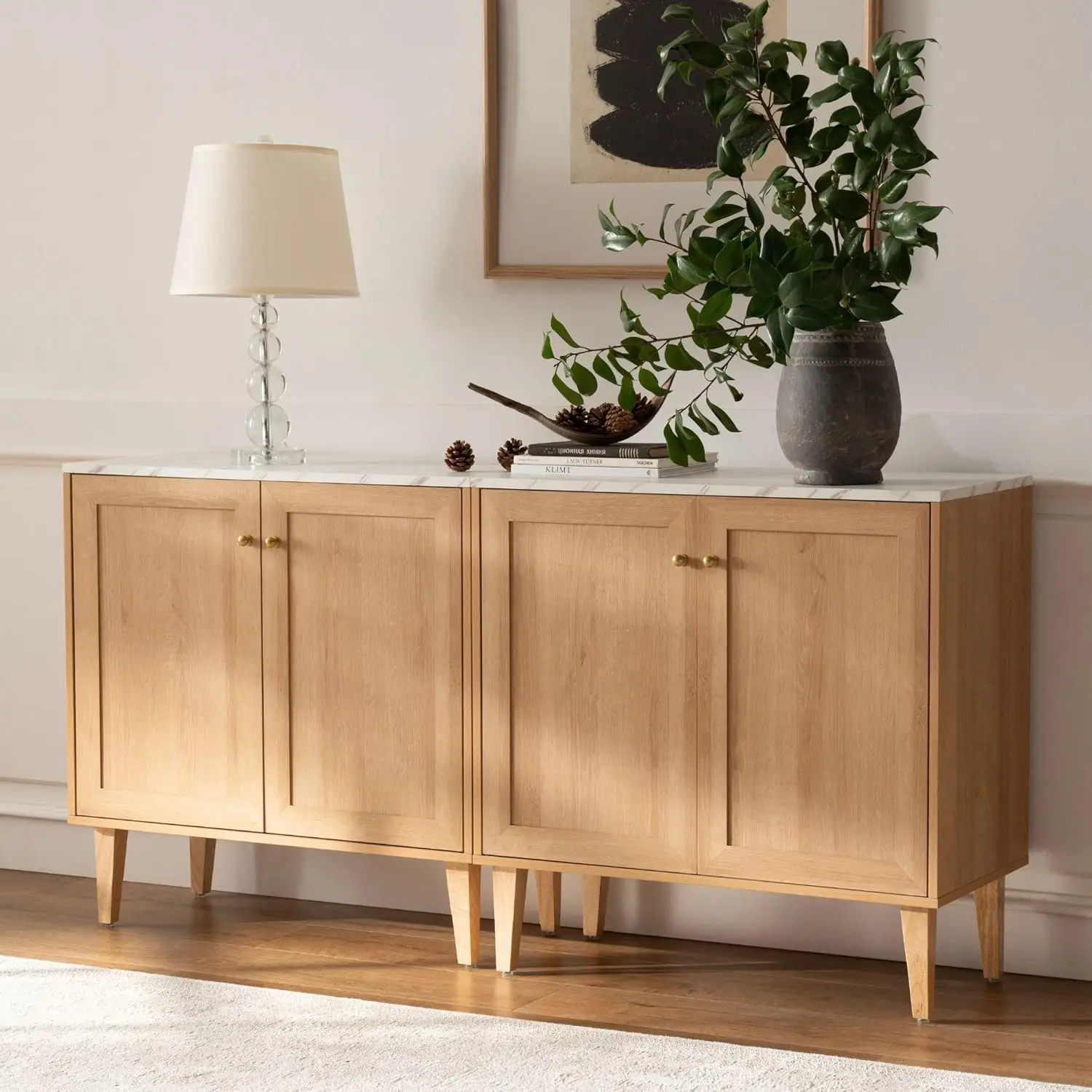 Storage Cabinet Set of 2, Sideboard Buffet Cabinet Modern Accent Cabinet with Faux Marble Top & Adjustable Shelves