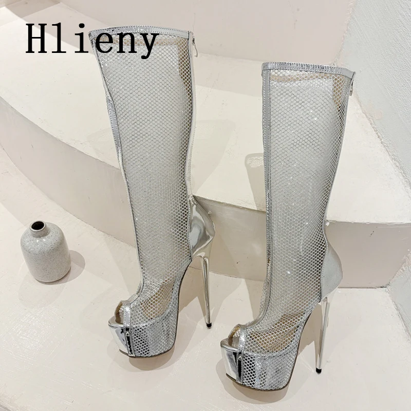 Hlieny Sexy Hollow Out Knee-High Boots Sandals Women Peep Toe Shoes Fashion Thin High Heels Pole Dancing Female Shoes