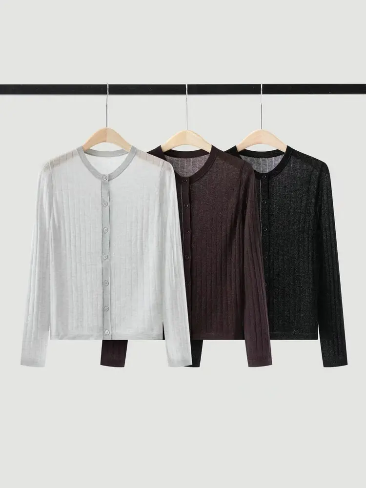Women's Autumn Crew-Neck Long-Sleeve Wool Cardigan with Beaded Chain Detail
