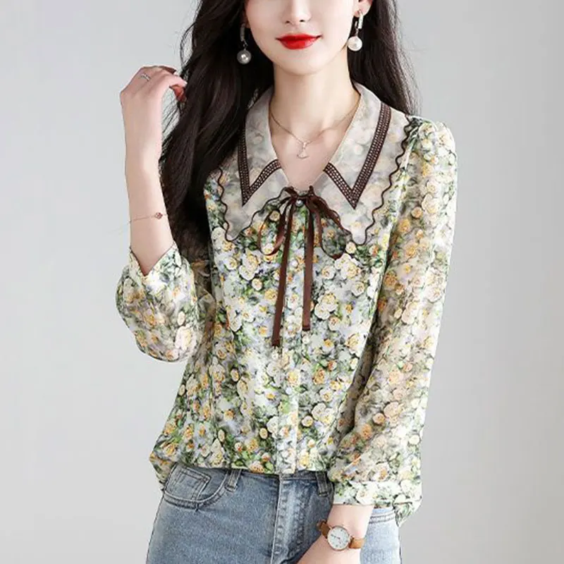 Elegant Simplicity Printing Chiffon Shirts for Women, Casual Tops for Office Lady, Elegant Clothes for Spring, New Style