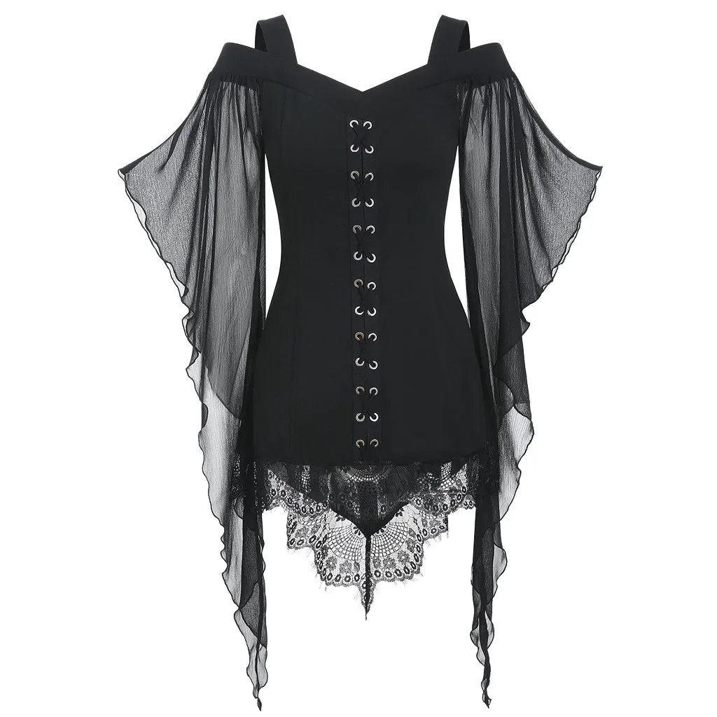 Gothic Blouse Shirts Womens Cold Shoulder Tops And Blouses Vintage Criss-Cross Lace Insert Butterfly Sleeve Top Blusa Feminina