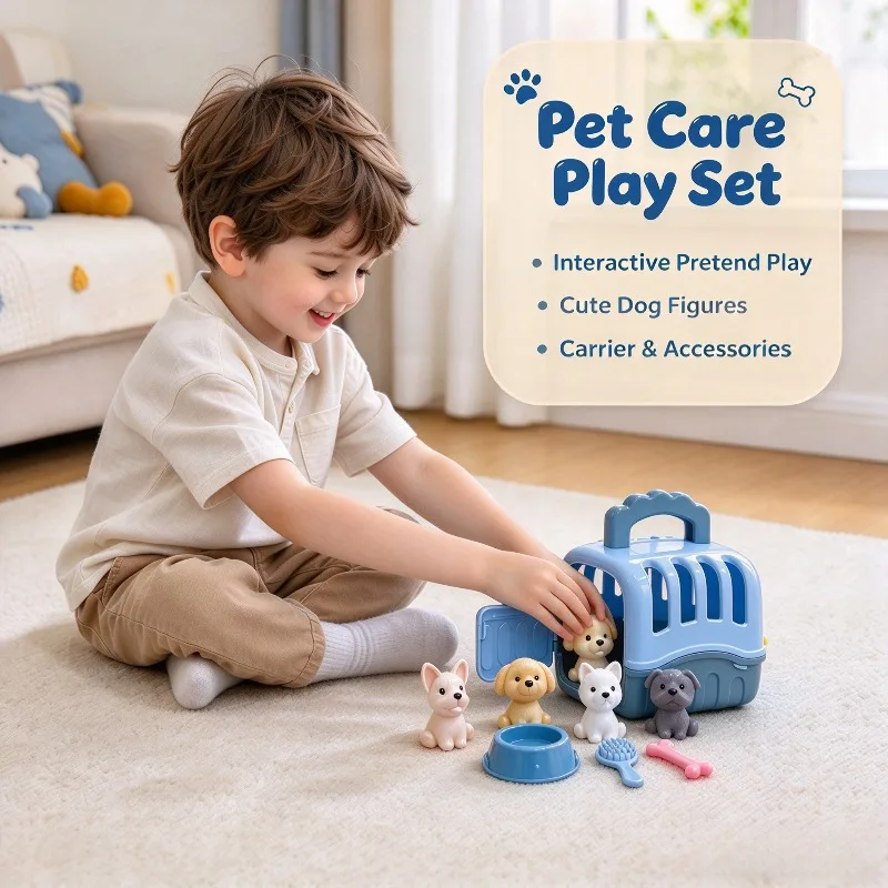 Kids Pet Care Toy Set with Dog House, Train, Cute Animal Figures,Play Educational Toys for Toddlers Birthday Gift.Doll Furniture