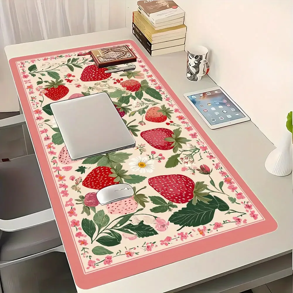 

Vintage Strawberry Floral Large Gaming Mouse Pad, Non-Slip Extended Desk Mat for Office & Home, Aesthetic Keyboard Pad
