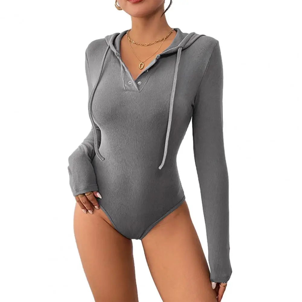 

Bodysuit for Women Sexy Slim Fitted Long Sleeve Hoodies Tops V-Neck Pullover Casual Ribbed Hooded Shirts