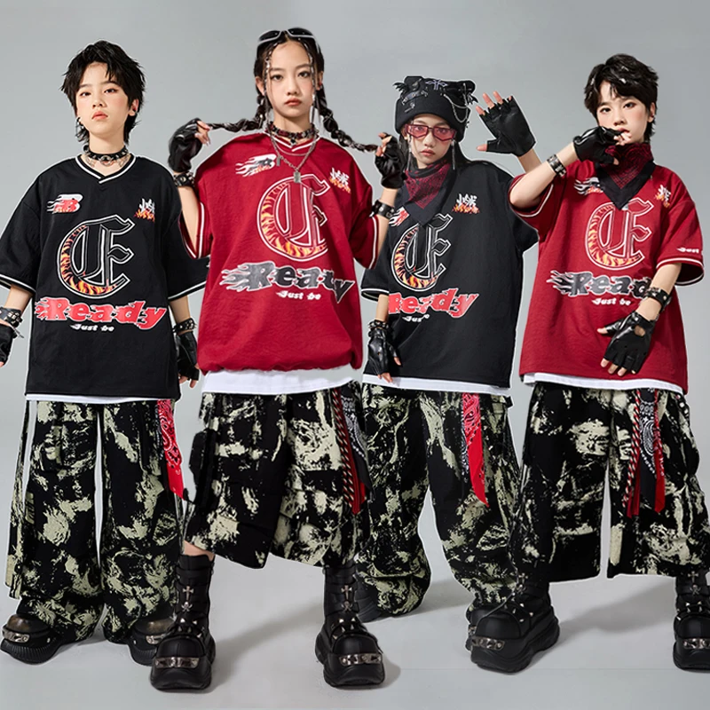 

Hip Hop Dance Costumes Children Jazz Stage Show Outfit Oversize Top T-Shirt Camouflage Pants Kid Street Dance Clothing AMY2450
