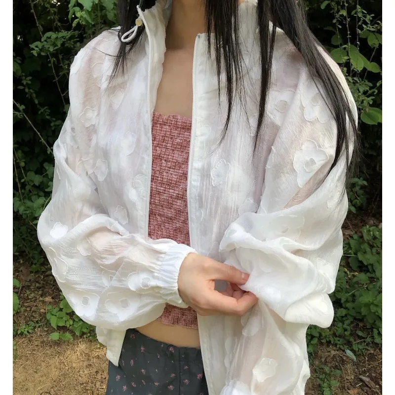 Chic Summer Jacquard Perspective Embroidery Zipper Sun Protection Outerwear Cool Cute Tops Stand Collar Women's Jackets 2 Colors