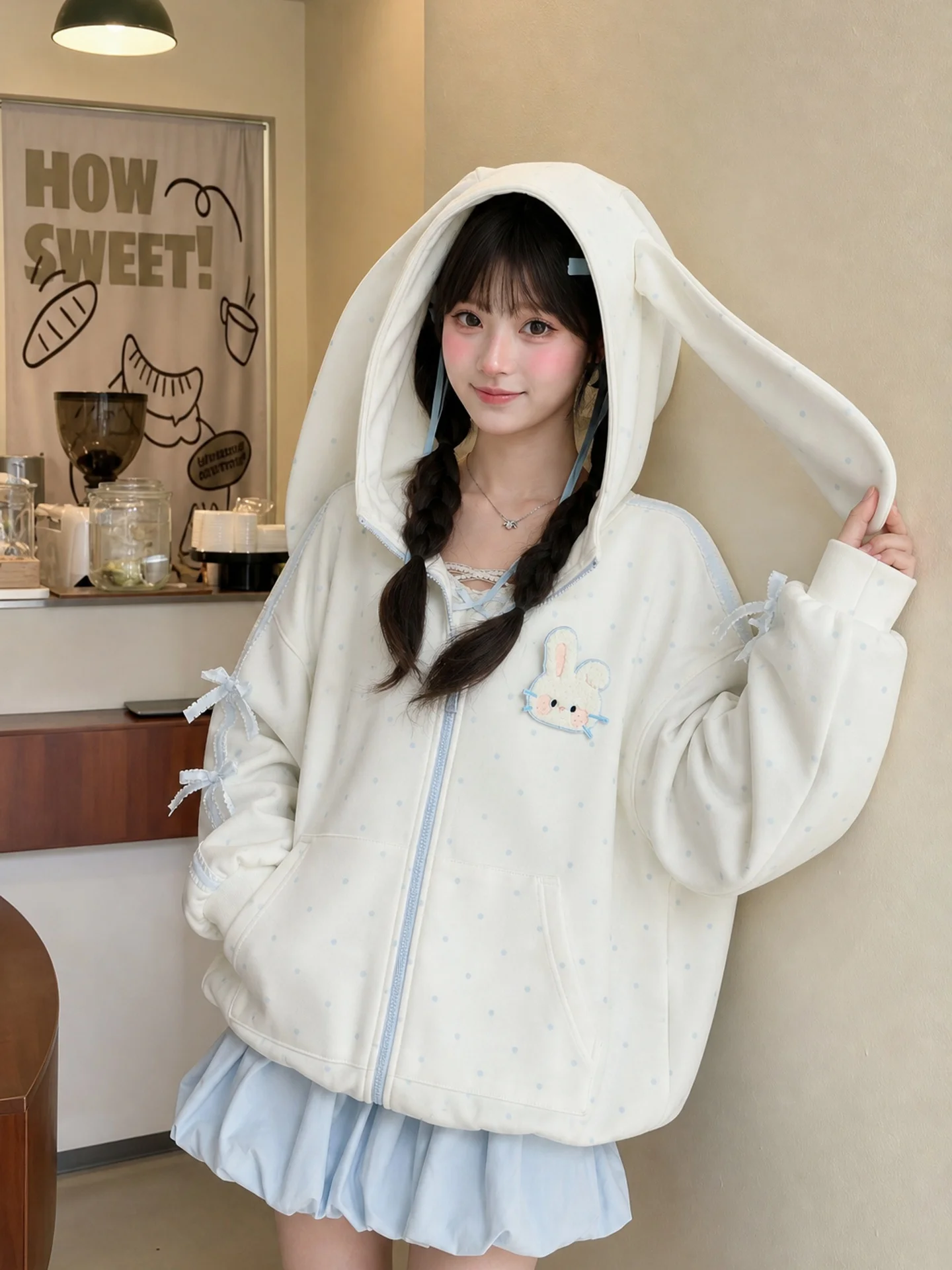Cotton Polka Dot Rabbit Ear Hat Sweatshirt Women's Spring Autumn Cute Top Thin Outerwear Sweet Style Long Sleeve Zipper