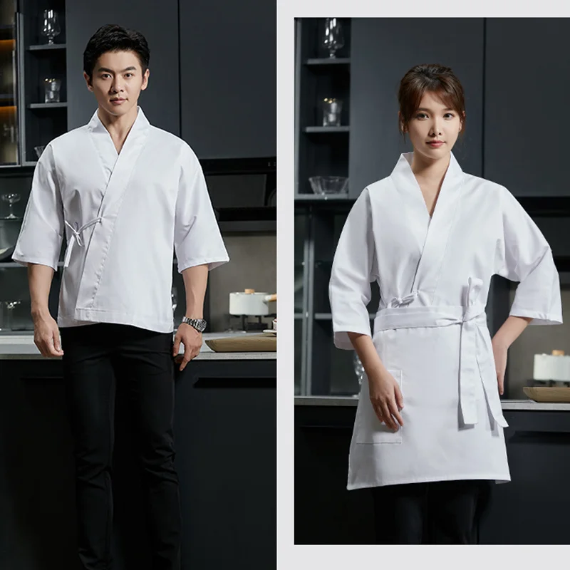 Kimono estilo japonês feminino e masculino, camisa do chef do hotel, restaurante, roupas de trabalho da cozinha, workwear, branco tradicional, uniforme garçom preto