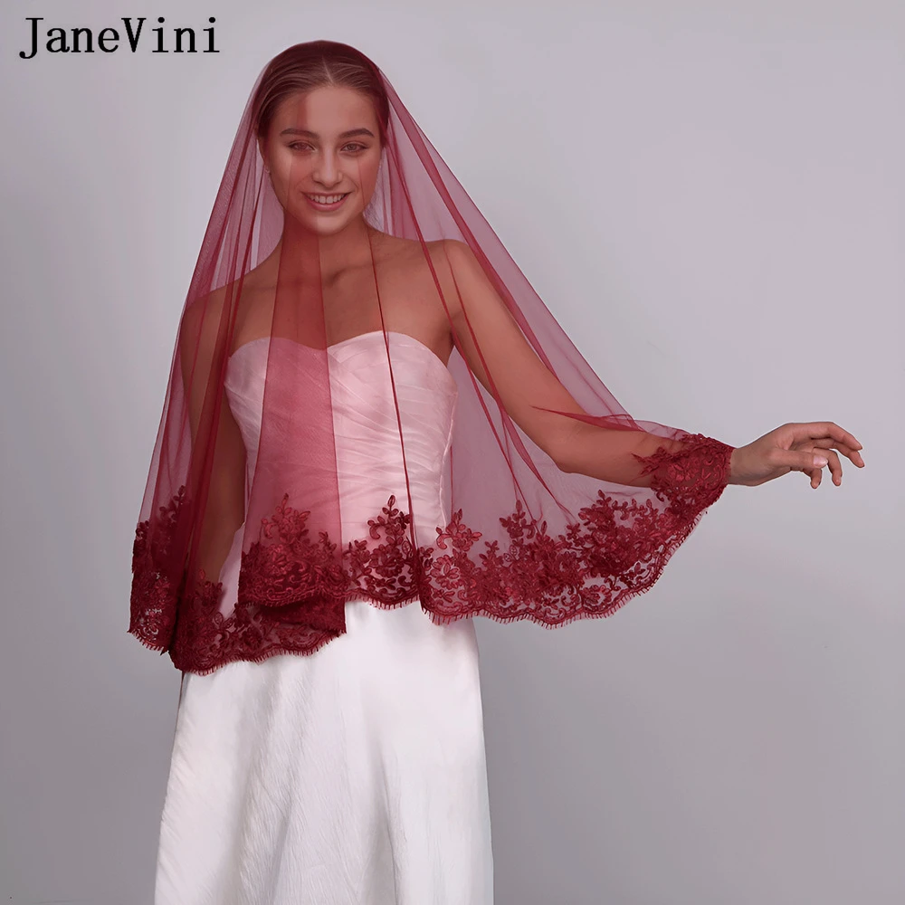 JaneVini Vintage Burgundy Lace Edge Short Wedding Veil without Comb One Layer Tulle Bride To Be Veil Blusher Bridal Headpieces