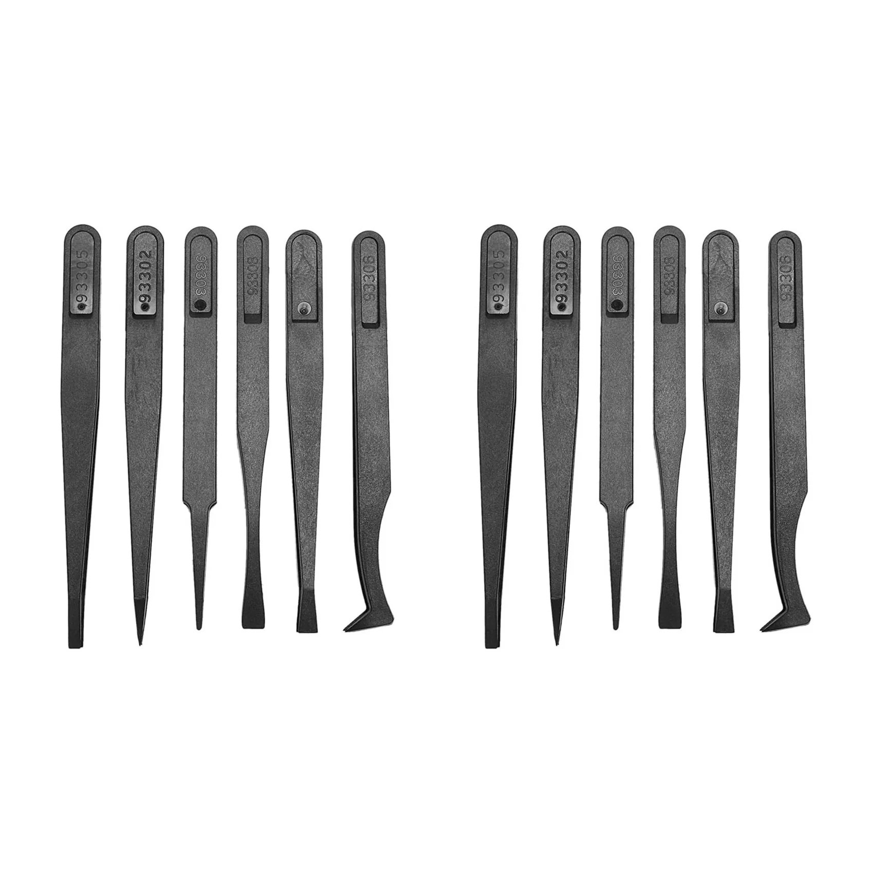 

ABRW-12PCS Precision Tweezer Set Plastic Anti Static Tool Kit Size 1/2/3/5/6/8 Each One(Black)