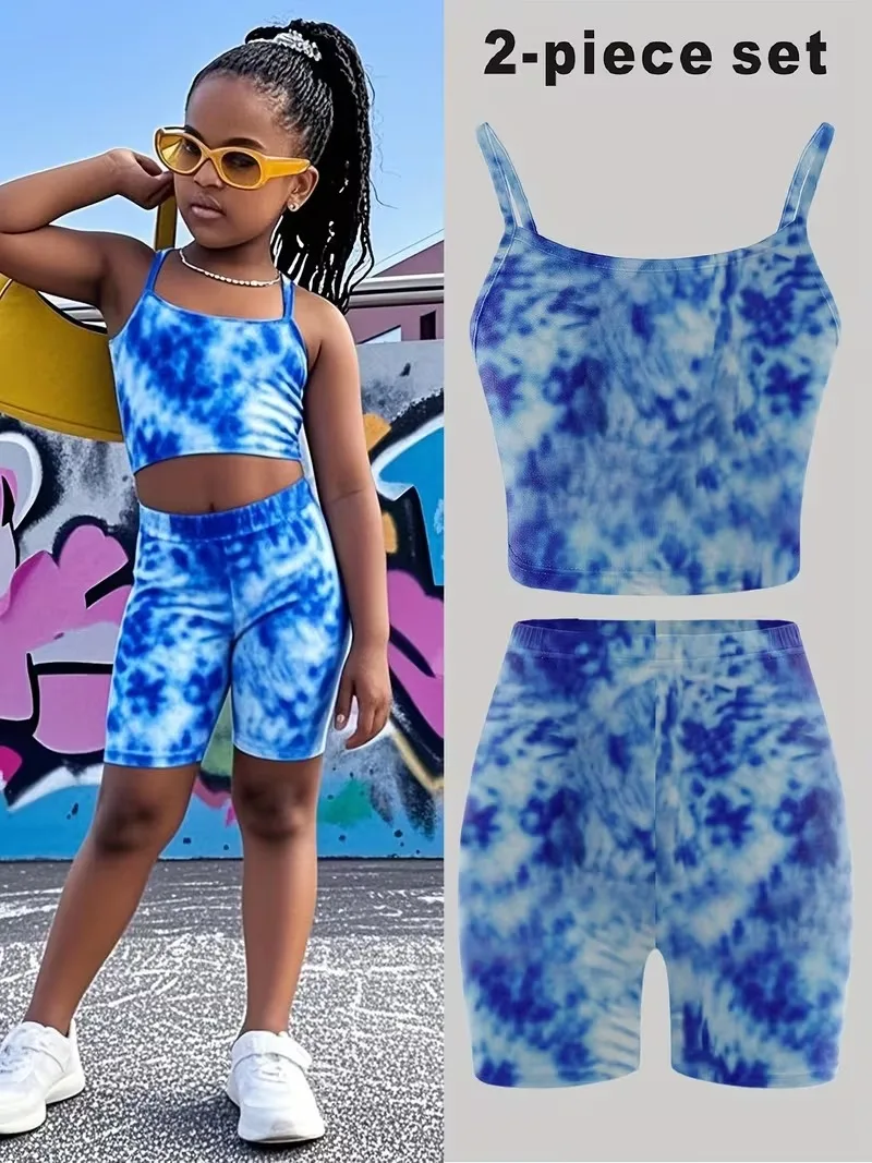 Blue Tie-dye Girls 2 Piece Shorts Set Spaghetti Strap Crop Top & Bike Leggings Cute Casual Outfit