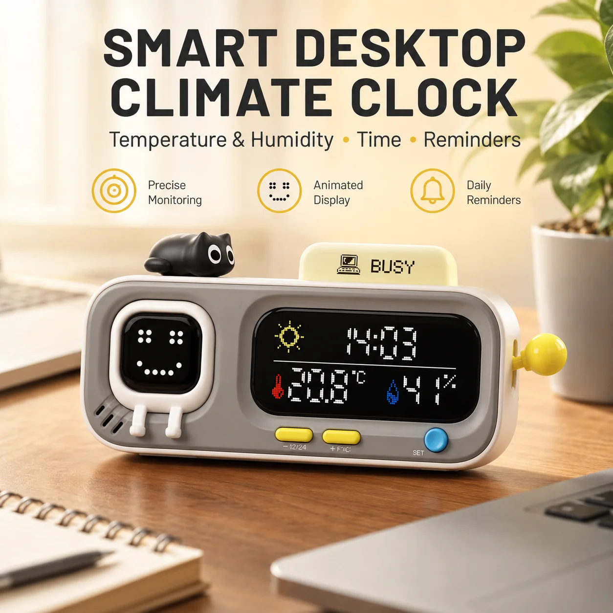 ATuMan Smart Desktop Temperature Humidity Clock with Pixel Display, Comfort Indicator, Joystick and Wellness Reminders