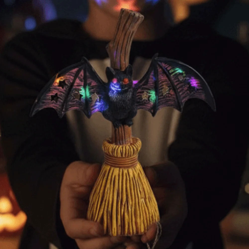 Resin Made Bat Broom Light Button Cells Battery Power Warm Glow Spooky Desk Lamp Small Size Retro Style Halloween Nightlight