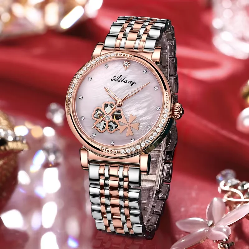 

Новейшие высококачественные женские элегантные автоматические часы-скелетон с бриллиантами, водонепроницаемые, с кожаным ремешком