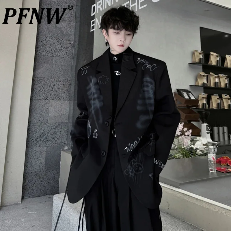 

PFNW 2024 Autumn Letter Printting Design Suit Jacket Male High Street Lapel Single Breasted Loose Men's Tops Trendy New 28W4785