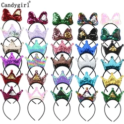 Girls Sequins Bowknot Crown Headbands Sparkly Bling Kids Hair Hoop Sequins Reversible Hairband for Birthday Party Supplies