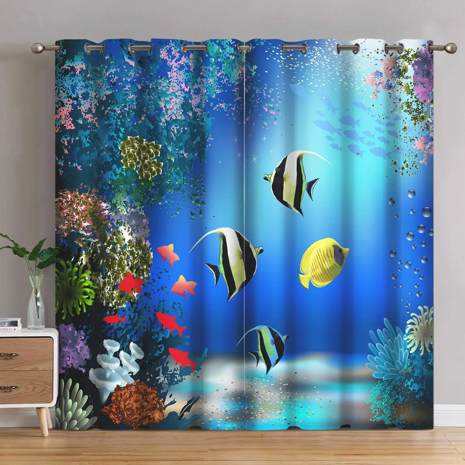 

Плотные шторы Jekeno Ocean Fish, подводные коралловые рыбы, декор для дома, спальни, гостиной, затемняющие люверсы, оконные шторы, 2 панели