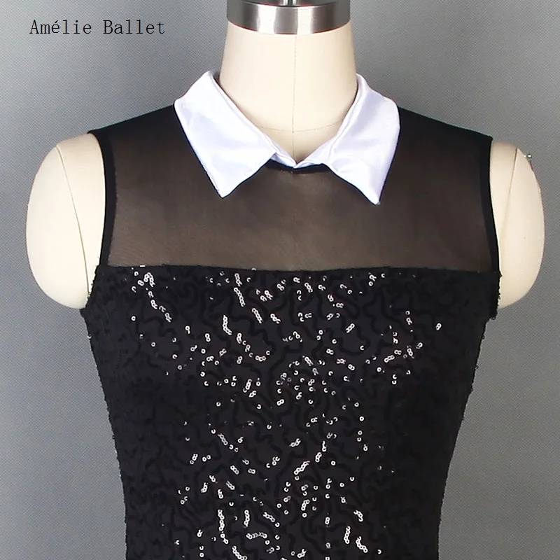 19101 Leotardo de lentejuelas de malla negra, trajes de actuación escénica de Jazz y Hip Hop para mujeres y niños, ropa de baile sin mangas, falda