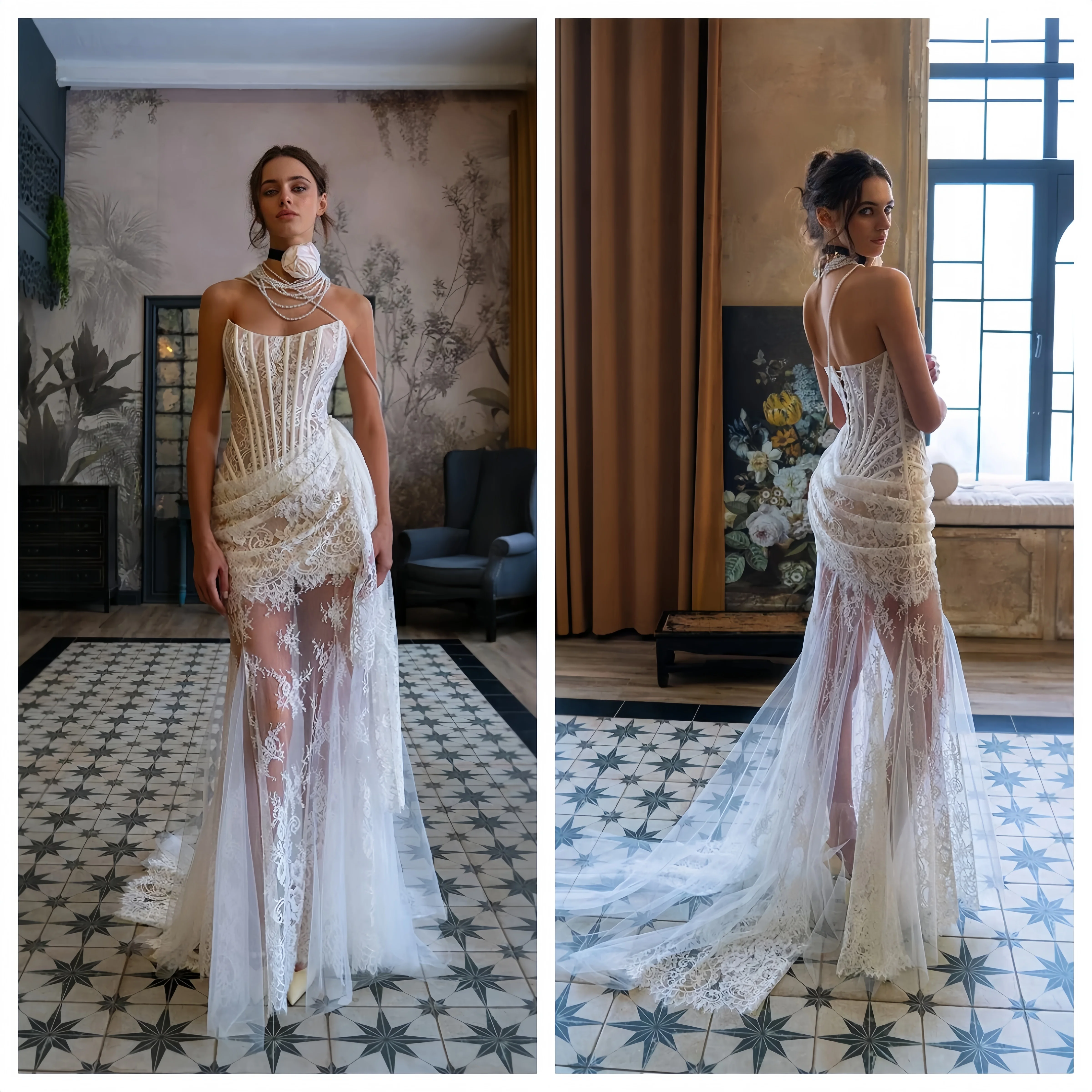 

Lace Evening Gown Women’s Bodice With Boning Detachable Train Wedding Party Gown Bespoke Retro Style 2026 New
