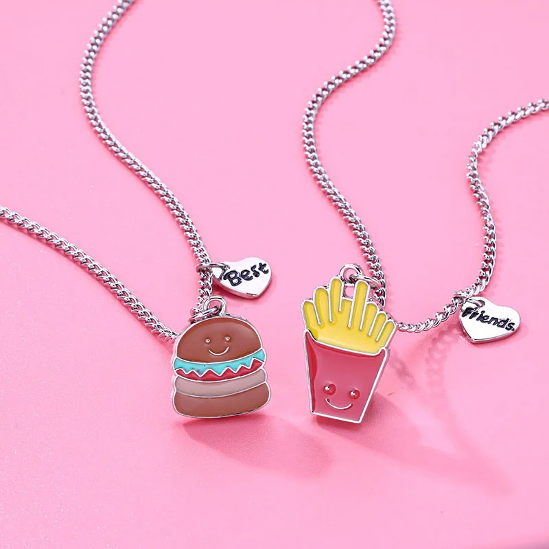 Lovecryst 2Pcs/set Cartoon Drip Oil Hamburg French Fries Alloy Pendant Best Friend Necklace BFF Friendship Jewelry Gifts for Kid