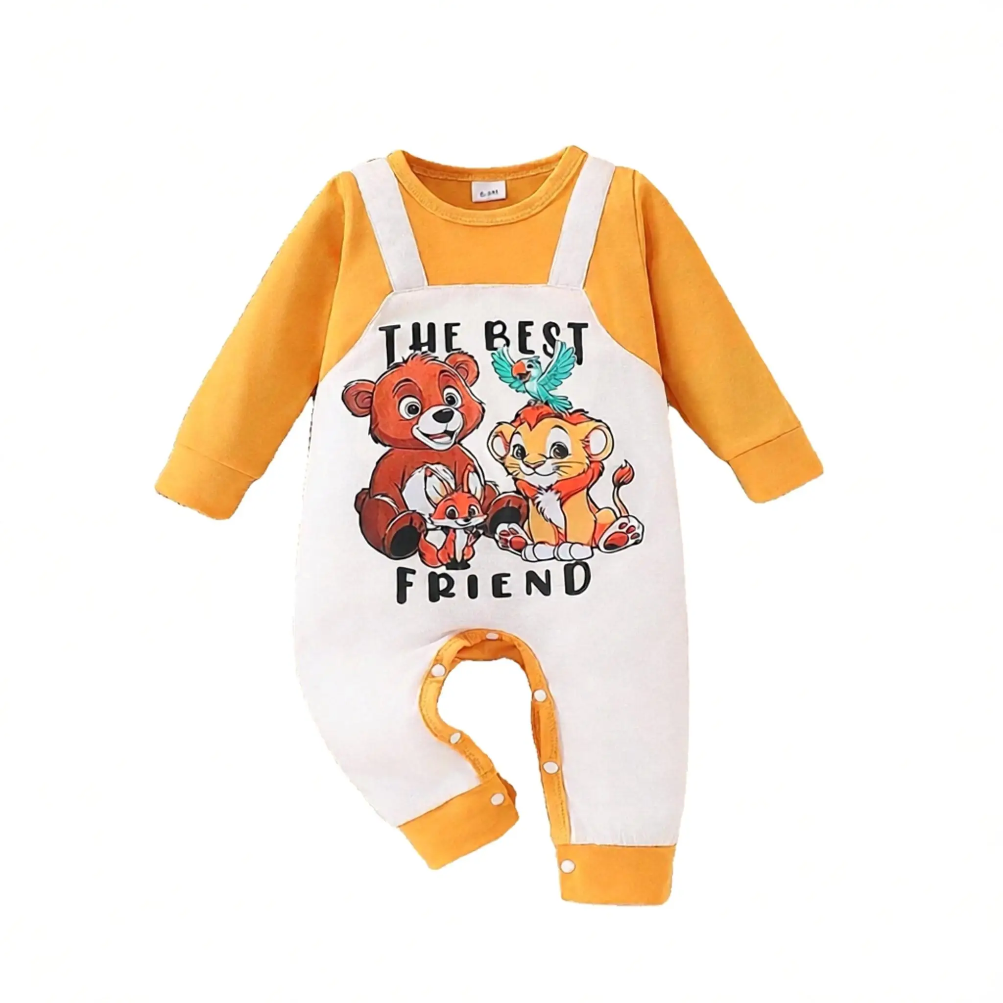 Baby-Jungen-Herbst-Langarm-Body, 1-teilig, Cartoon-Tier-Print, zweifarbiges Design mit geteilten Trägern, Rundhalsausschnitt – Detail 7