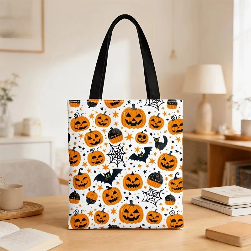 Bolsa de lona con estampado completo de Halloween, con motivos de calabaza, murciélago, gato negro y araña, ecológica, reutilizable y perfecta para llevar la compra.
