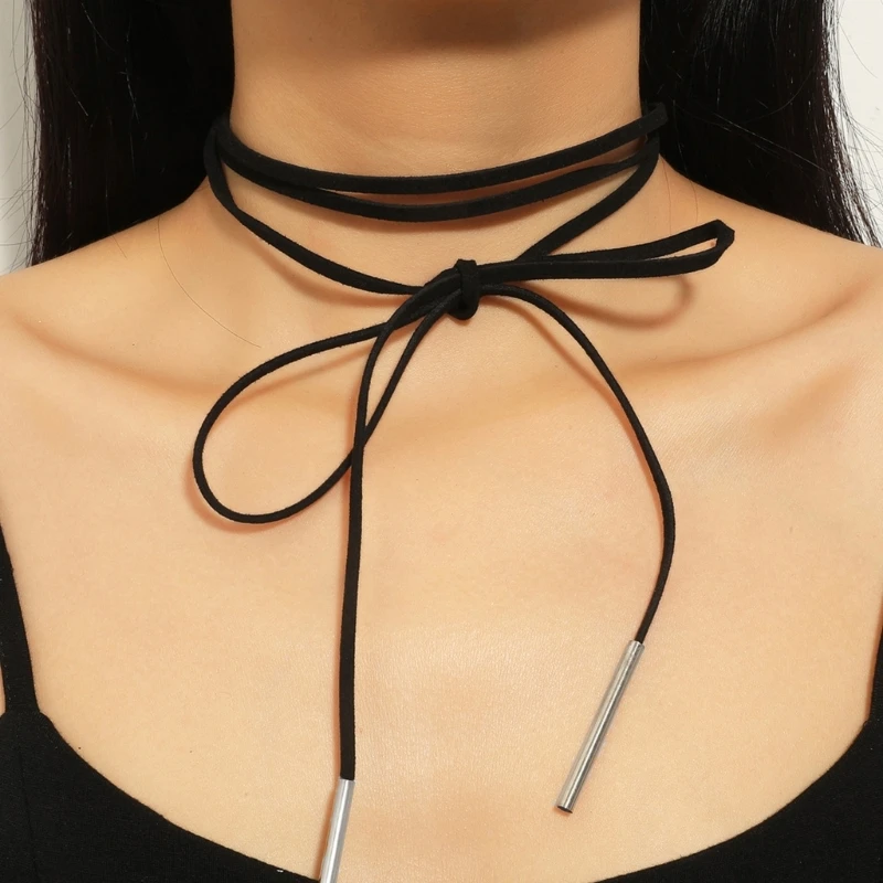 Braided-Cord Black Choker Bowknot Rope Chain Necklace Unisex Jewelry for Women Wide Wax Rope Braided-Necklaces Chain