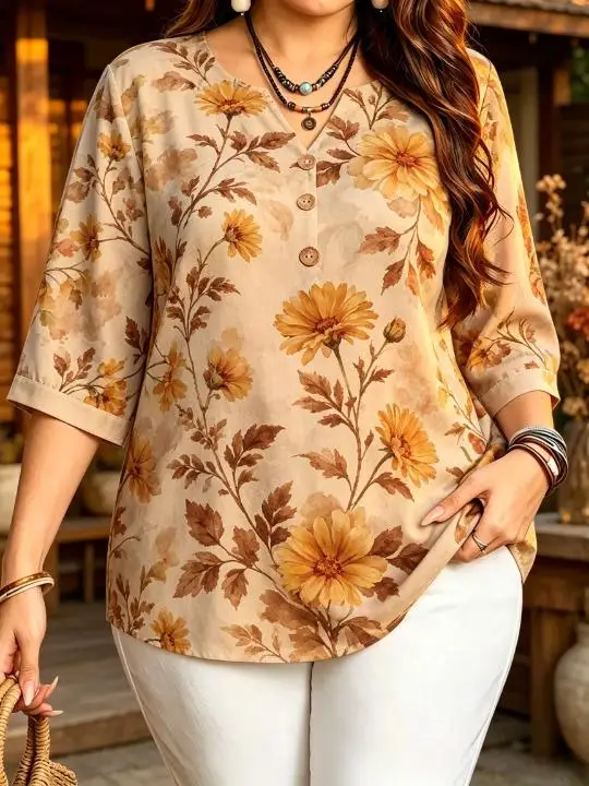 Women 3/4 Sleeve V‑Neck Blouse Button Sunflower Daisy Peony Watercolor Floral Print Casual Ladies Tops