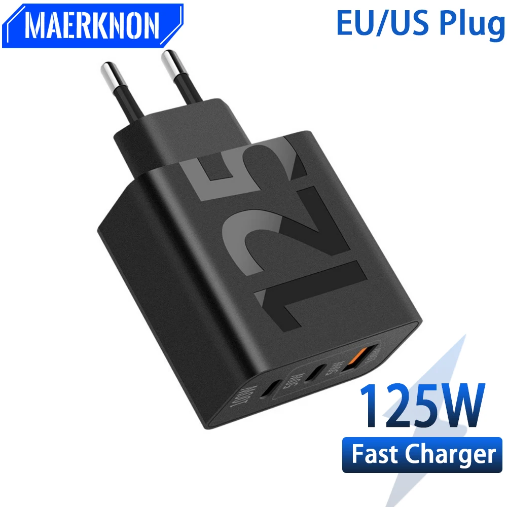 Cargador USB Total de 125W, cargador USB de 3 puertos tipo C, cargador de teléfono de pared de carga rápida para iPhone, Samsung, Xiaomi, enchufe UE/EE. UU. Tr