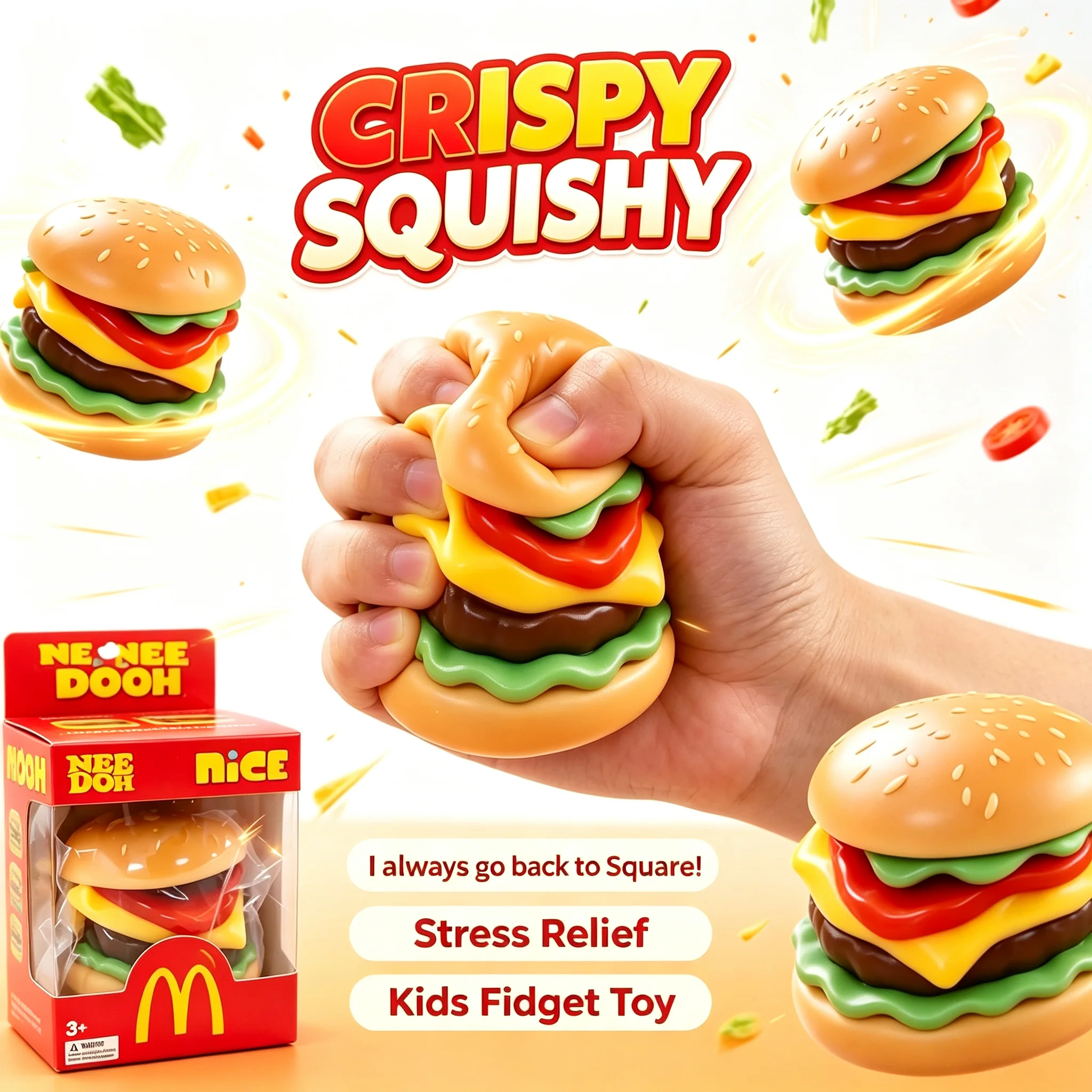 NeeDoh Riesiges Burger-Squishy-Spielzeug, superweich, lustig, sensorisch, zur Stresslinderung, Fidget-Spielzeug, niedliches Lebensmittelmodell, Desktop