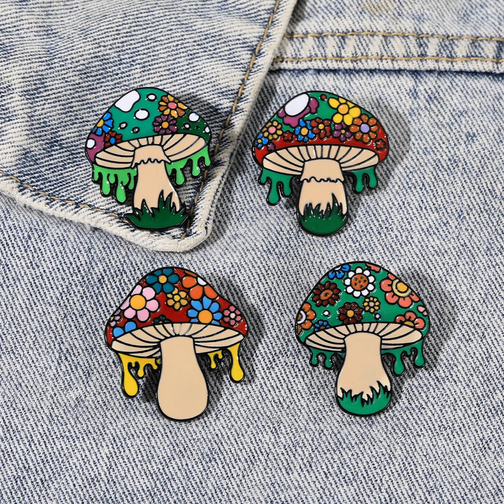 4 Styles Pretty Multicolour Flower Pattern Mushroom Enamel Pins Colorful Little Daisy Brooches For Women Girls Clothes Bag Badge