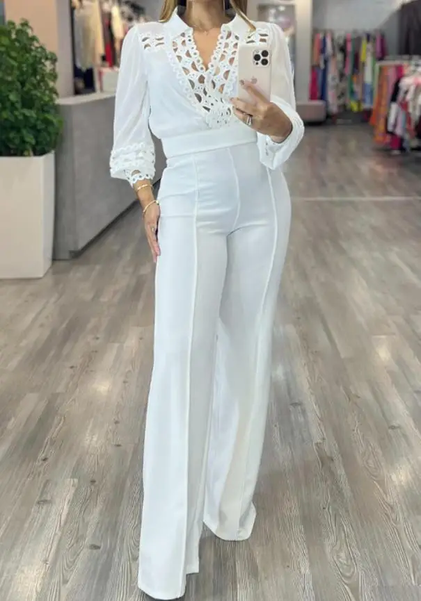 2025年 レディース ターン ダウンカラー オーバーラップ Vネック コントラスト レース ジャンプスーツ カジュアル ハイウエスト シーム フロント ワイドレッグ ジャンプスーツ ベルトなし