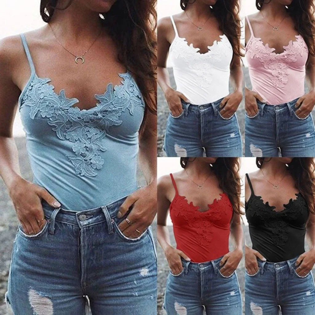 Women's Fashion Camis Top Sexy Sleeveless Lace Patchwork Tank Tops Beach Holday Blusa Summer Gym Sports Tee Shirt Camiseta Mujer