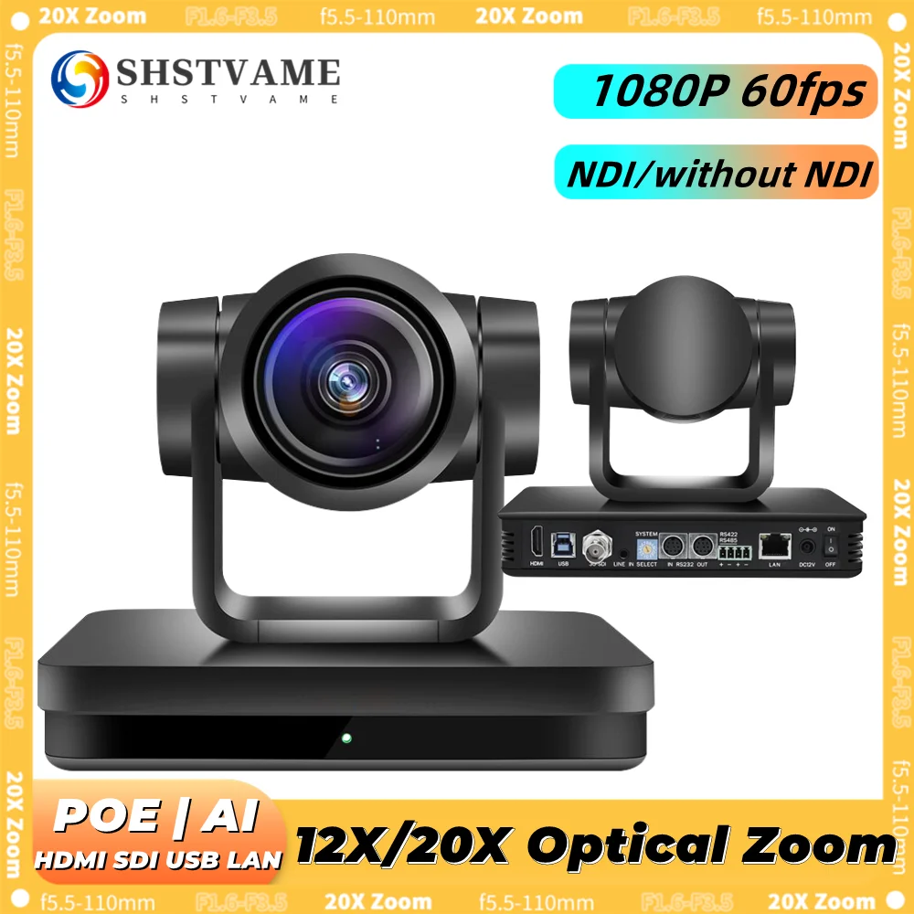 SHSTVAME 1080P NDI SDI PTZ Camera 12/20X Optical Zoom USB HDMI IP LAN POE AI Tracking Church Meeting Live Streaming Conference