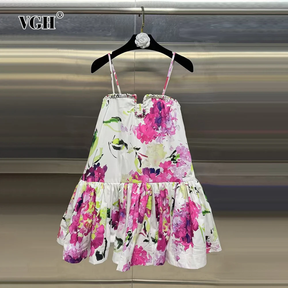 VGH Hit Color Printing Sexy Camisole Dresses For Women Square Collar Sleeveless Backless High Waist Mini Dress Female Fashion