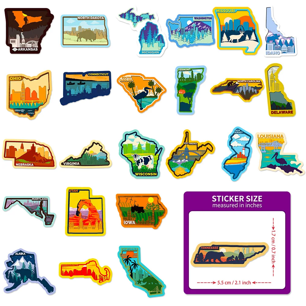 10/30/50PCS US States Cities Map Cartoon Sticker DIY Phone Laptop Luggage Skateboard Graffiti Decals Fun for Kid Gift