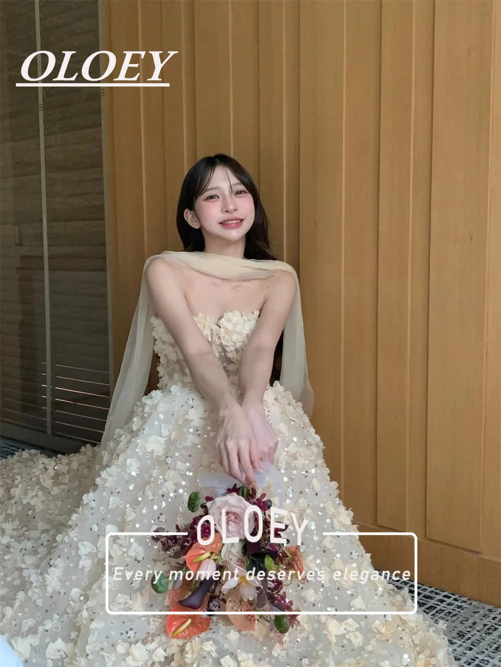 OLOEY Luxury Sequines 3D Flowers Prom Party Dress Strapless A-line Korea Wedding Photoshoot Performance Evening Gown with Scarf
