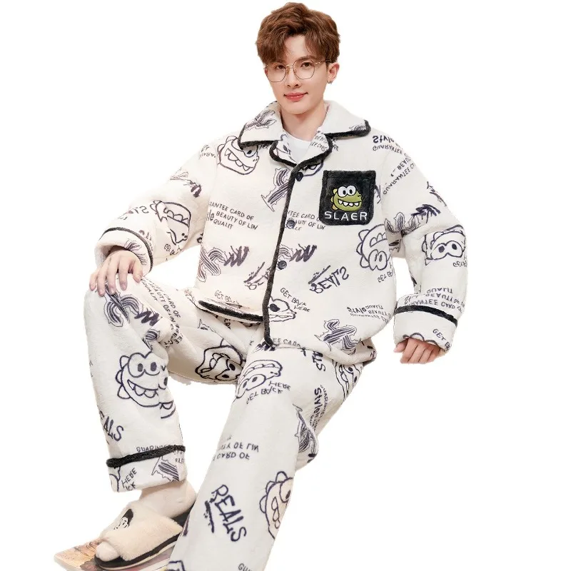 Autumn Winter Coral Fleece Thickened and Fleece Men's Pajamas 2026 New Large Size Flannel Men's Loungewear Can Be Worn Outside