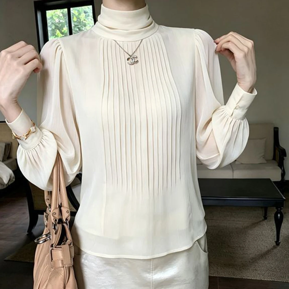 Korean design semi-turtleneck shirt loose casual thin sunscreen blouse with temperament light luxury thousand gold style