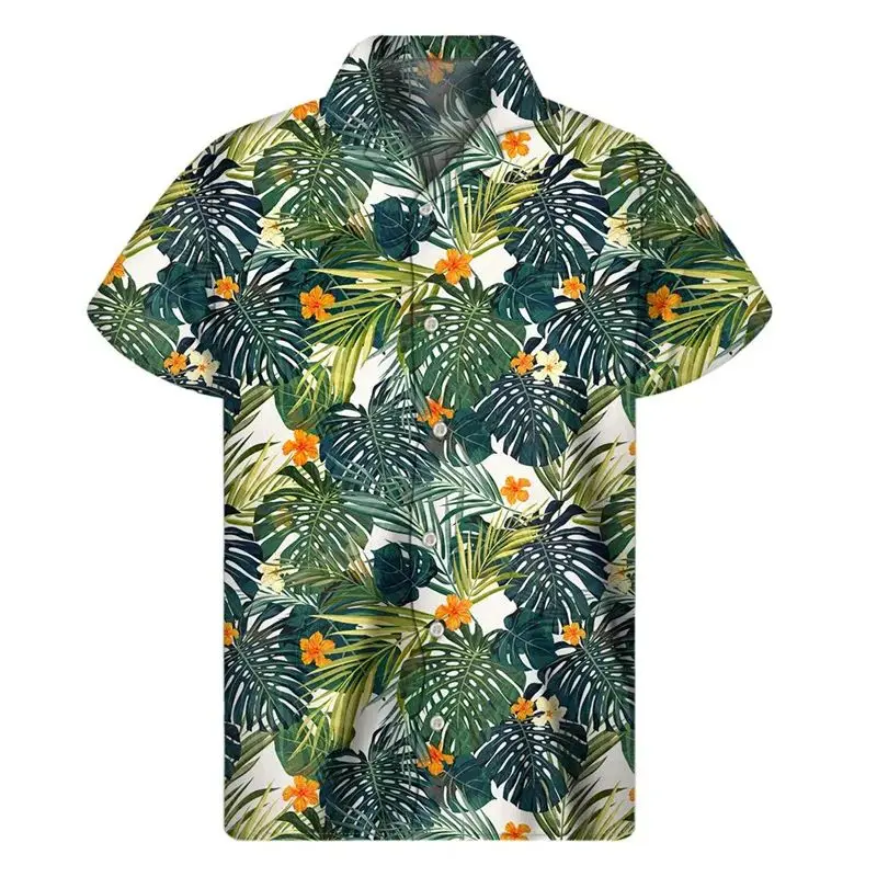 Tropical Plants 3D Print Hawaiian Shirt Men's Beach Style Special Wide Fit Fleece Lined Thickened  Collar Nine Sleeve Length